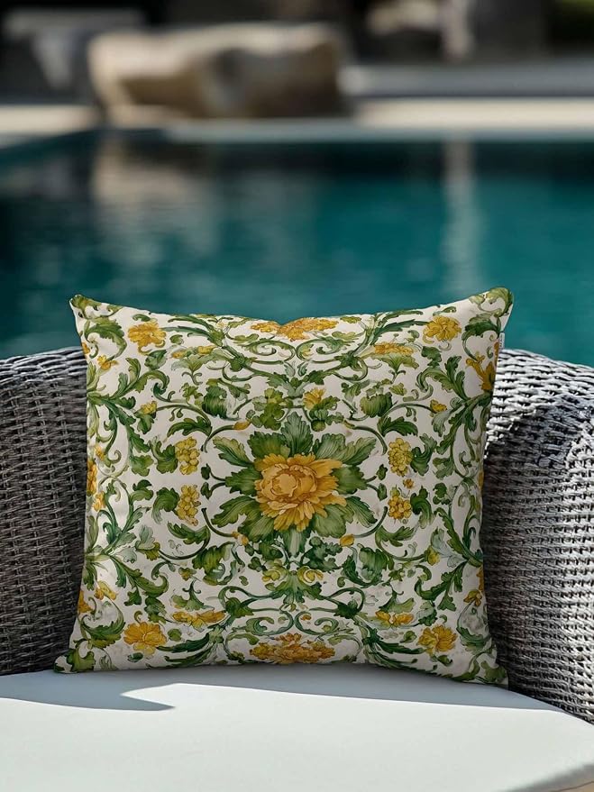Outdoor Pillows with Inserts 18x18, Yellow Green Boho Waterproof Outdoor/Indoor Throw Pillows, Classic Floral Farmhouse Botanical Decorative Pillow for Bed Couch Sofa Patio Furniture