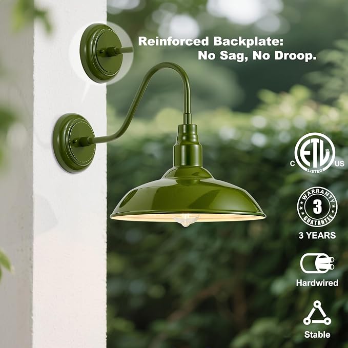14in Outdoor Gooseneck Lights for Farmhouse, Barn Style Goose Neck Wall Light Fxiture with Wall Mount, Olive Green Exterior Porch Sconce for Patio, Garage, House