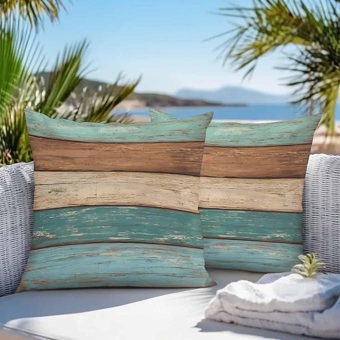 Outdoor Throw Pillows Covers 20X20 Set of 2 Waterproof Teal Turquoise Green Brown Decorative Zippered Cushion Covers for Patio Furniture, Farmhouse Retro Rustic Barn Wood Texture Lumbar Pillowcases