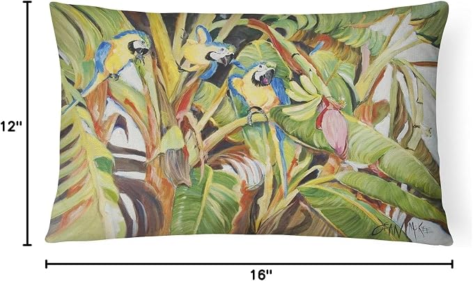 Caroline's Treasures JMK1010PW1216 Three Blue Parrots Canvas Fabric Decorative Pillow Machine Washable, Indoor Outdoor Decorative Pillow for Couch, Bed or Patio, 12HX16W