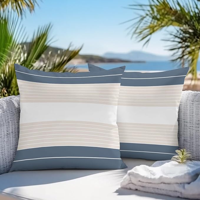 Haze Blue Beige Stripe Outdoor Pillow Covers Waterproof, All Weather Cushion Case Set of 2, Modern Art Horizontal Striped Decorative Pillowcases for Sofa Couch Bed Decor Patio Furniture 18"x18"