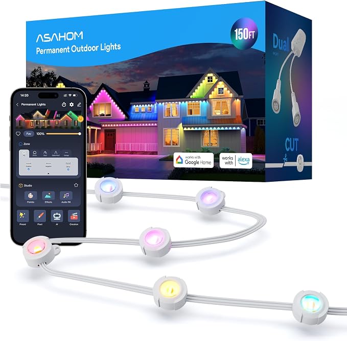 ASAHOM Permanent Outdoor Lights, 108 RGBCW LEDs, AI Lighting, 30,000 Effect | Dual Output, Extend to 800FT, IP67 Waterproof, Voice Control, for Halloween Christmas and Daily Lighting, 150FT, White, S107C