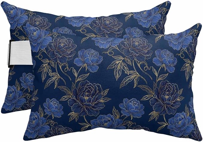 Outdoor Lumbar Pillow Set of 2, Navy Blue Golden Flowers Waterproof Beach Headrest Pillow with Inserts, Vintage Elegant Floral Botanical Recliner Throw Pillows for Patio Furniture, 12 x 20