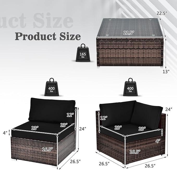 HAPPYGRILL 6 Pieces Outdoor Patio Furniture Set, PE Rattan Conversation Set with Tempered Glass Coffee Table and Cozy Cushions, Weather Resistant Sectional Sofa Set, Black