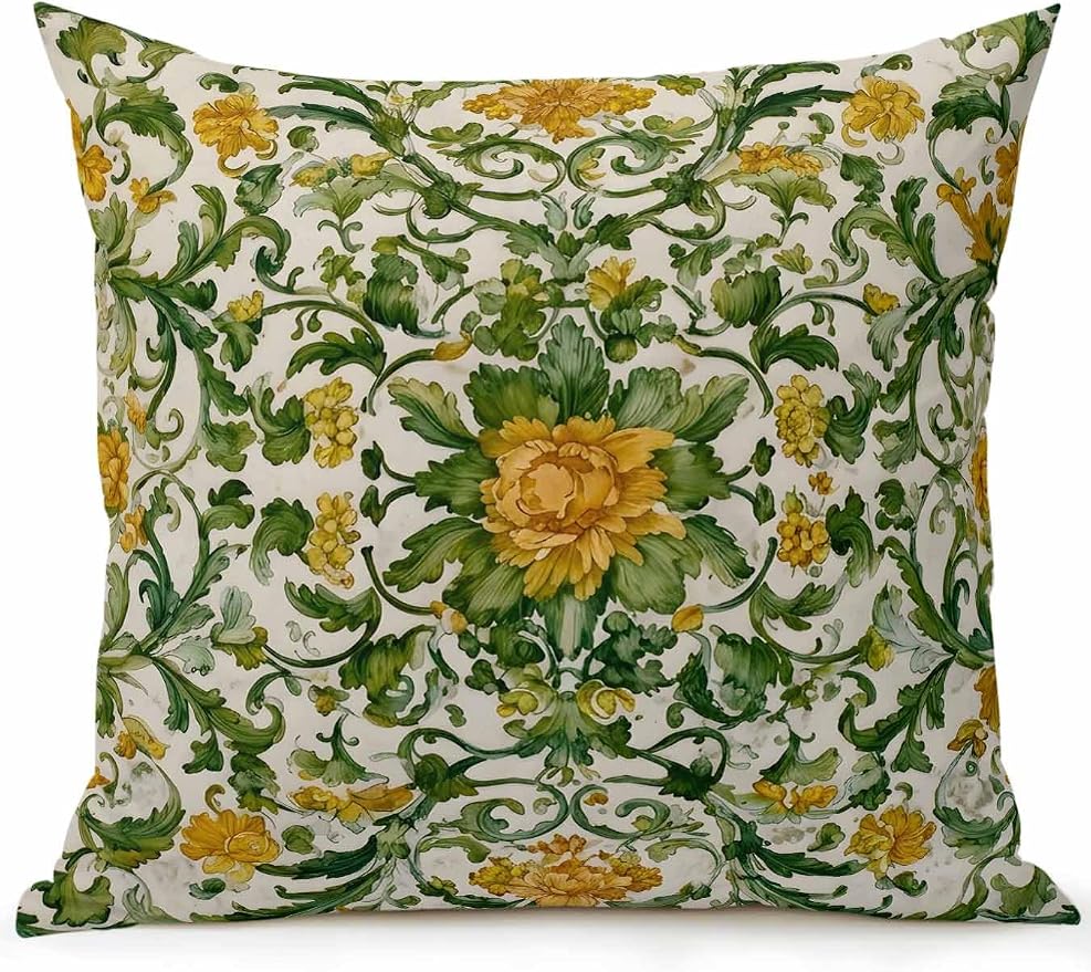 Outdoor Pillows with Inserts 18x18, Yellow Green Boho Waterproof Outdoor/Indoor Throw Pillows, Classic Floral Farmhouse Botanical Decorative Pillow for Bed Couch Sofa Patio Furniture