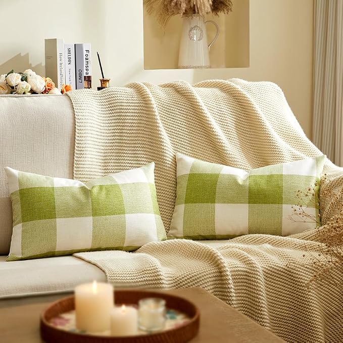 CARRIE HOME Spring Green Outdoor Lumbar Pillows 12 x 20 Set of 2, Spring Porch Decor Green Plaid Pillow Covers 12x20, Sage Gingham Pillow Covers for Patio Furniture (No Pillow Inserts)