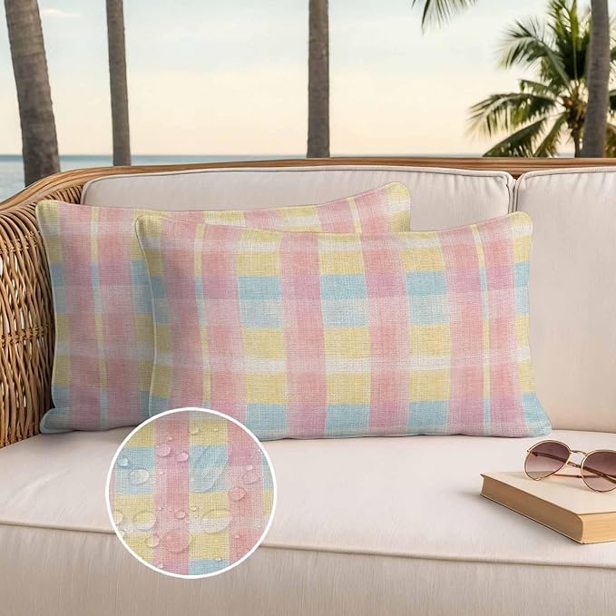 Colorful Plaids Outdoor Waterproof Throw Pillow Covers Set of 2, 20"x12", Pink Blue Yellow Stripes Geometric Rustic Decorative Pillow Covers Outside Cushion Case for Patio Porch Garden