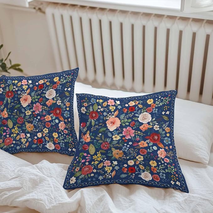Vandarllin Outdoor Throw Pillows Covers 26x26 inch Set of 2 Waterproof Navy Blue Floral Decorative Zippered Cushion Covers for Patio Furniture, Farmhouse Vintage Flower Lumbar Pillowcases