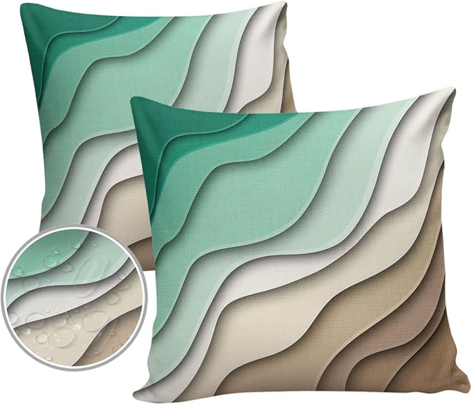 Outdoor Waterproof Pillow Covers for Patio Furniture Green Modern Geometric Decorative Throw Pillow Cover Brown Ombre Abstract Pillowcases Set of 2 Cushion Case for Sofa Couch 18 x 18 Inches