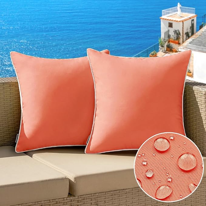 MIULEE Outdoor Waterproof Pillow Covers 20x20 Coral Red Pack of 2 | Decorative Farmhouse Throw Pillow Covers with Piping,Square Solid Color,Patio Furniture,Summer Couch Tent Sofa Living Room