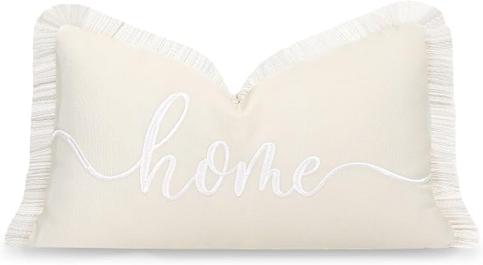 Hofdeco Premium Fall Coastal Patio Indoor Outdoor Lumbar Pillow Cover Only, 12"x20" Water Repellent for Backyard, Couch, Neutral Tan Embroidered Home Fringe