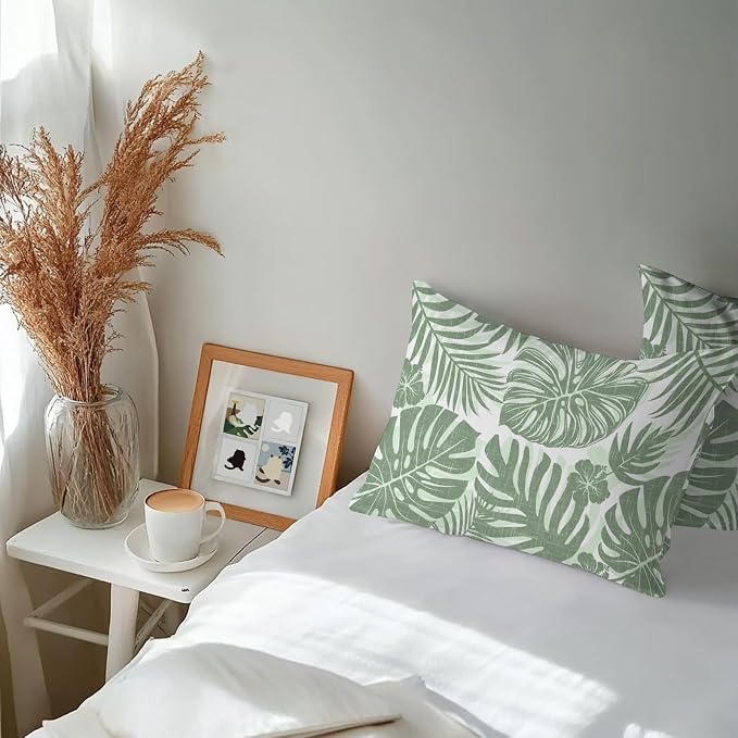 Green Palm Leaves Outdoor Pillow Covers 20"x12" Set of 2, Tropical Botanical Minimalist Modern Waterproof Throw Pillow Covers for Patio Furniture, Decorative Cushion Covers for Porch