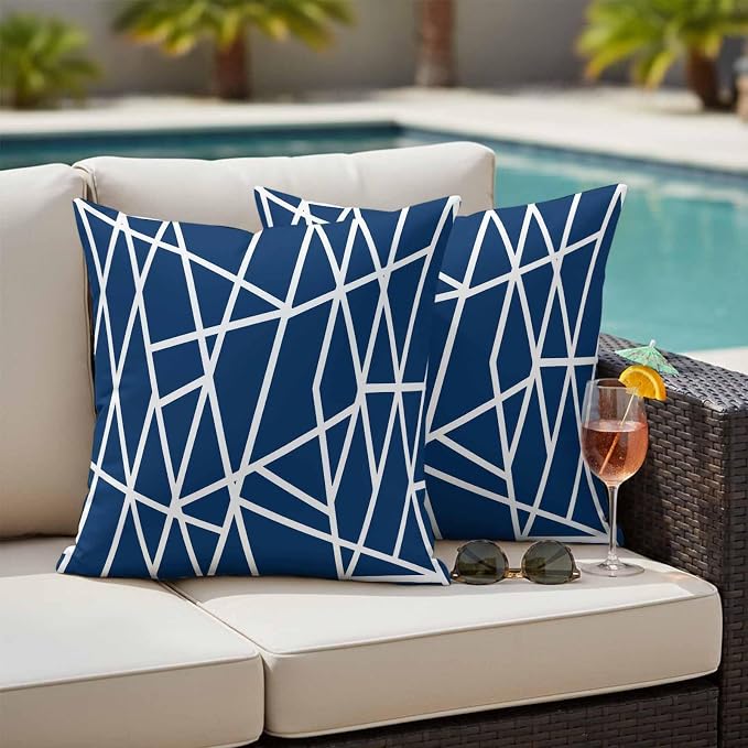 Outdoor Pillow Covers Waterproof, Nave Blue Geometric Decorative Square Throw Pillowcases Patio Cushion Covers for Tent/Garden, 24" x 24" 2 Pack, Abstract Stripes Modern Minimalist