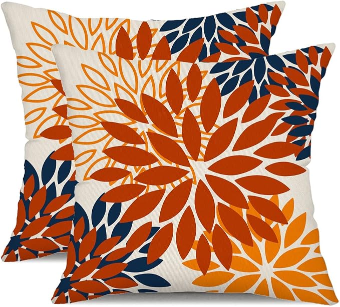 DFXSZ Outdoor Waterproof Pillow Covers 18x18 Set of 2 Orange Blue Flower | Spring Summer Waterproof Flower Throw Pillowcases（No Inserts）Outdoor Decor for Fall Patio Funiture Garden Polyester Covers