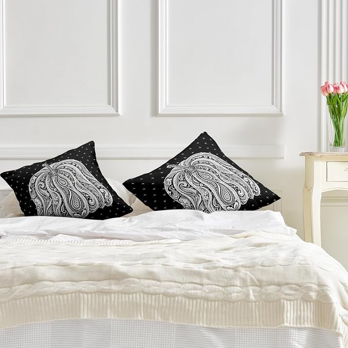 Pumpkin Pillow Covers Fall Harvest Thanksgiving Throw Pillow Covers 22x22 Autumn Outdoor Pillow Cases Black and White Paisley Flower Cushion Cases for Home Sofa Couch 2 Pack