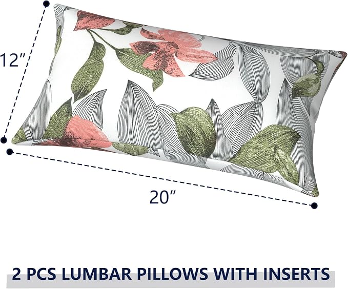 Outdoor Lumbar Pillows 12x20 inch, Rectangle Throw Pillows with Inserts, Decorative Lumbar Cushions for Patio Furniture Garden Couch Home Sofa Office Chair, Pack of 2, Clemens Noir Pink
