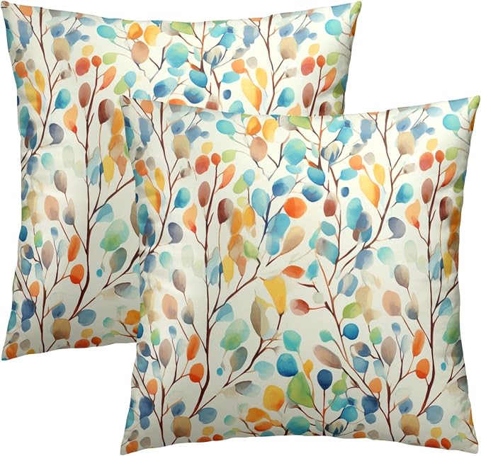 Flowers Leaves Pillow Cover 20x20 Set of 2 - Yellow Green Leaf Floral Pattern Square Cushion Cover Cotton Linen Decorative Pillowcase for Couch Sofa Porch Outdoor