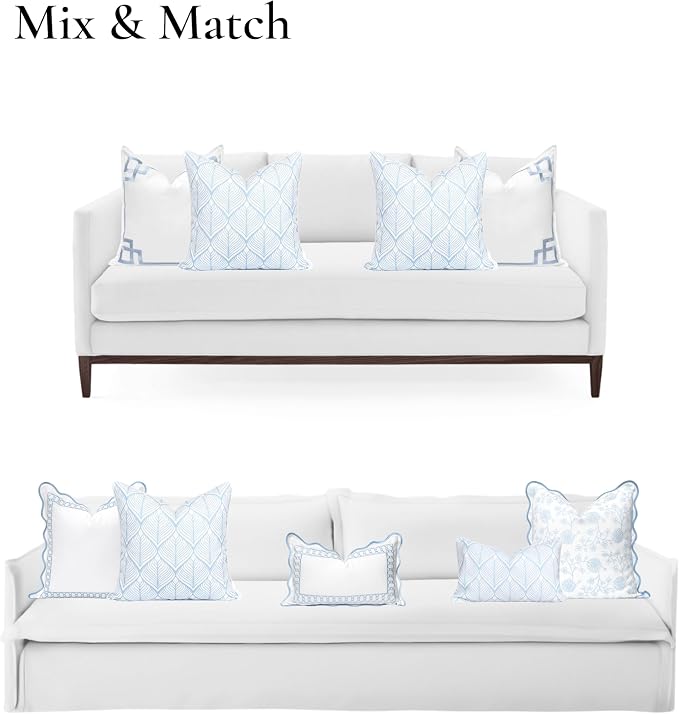Hofdeco Premium Coastal Patio Indoor Outdoor Throw Pillow Cover Only, 20"x20" Water Repellent for Backyard, Couch, Baby Blue Print Geometric Leafs