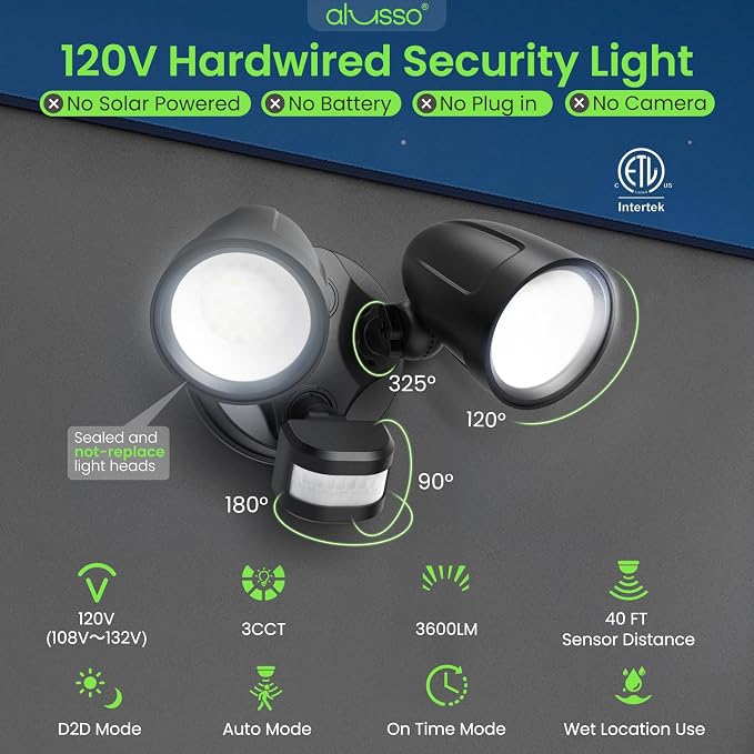 ALUSSO Motion Sensor Outdoor Lights Metal Heads, 30W 3600LM Flood Lights Outdoor 120V, 3 Modes Dusk to Dawn/Auto/On Time, 3000K 4000K 6500K Adjustable, Hardwired Security Light ETL Listed, Black 1PC