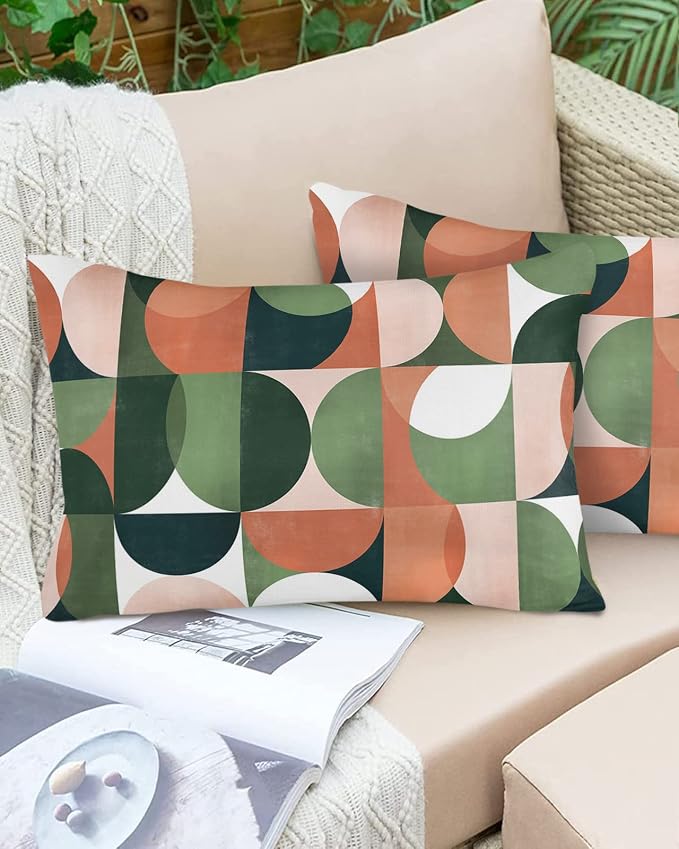 Vandarllin Outdoor Throw Pillows Covers 20x12 inch Set of 2 Waterproof Mid Century Geometric Decorative Zippered Cushion Covers for Patio Furniture, Abstract Modern Green Orange Lumbar Pillowcases