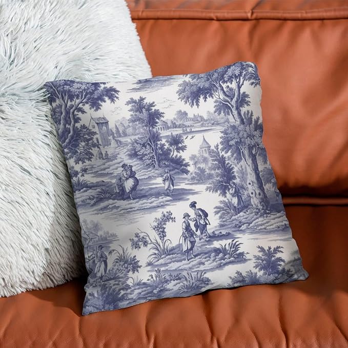 Pillowcase Navy White Blue Decorative Toile Print Throw Pillow Covers Retro French Charmed Life Toile Pillow Cover Accent Throw Pillow Covers Farmhouse Decorative for Patio Couch 18x18 in