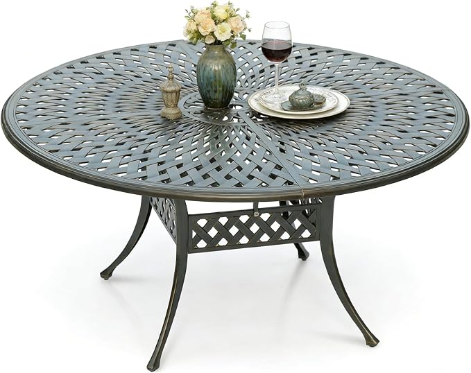 MEETWARM Outdoor 61" Round Patio Dining Table, All Weather Cast Aluminum Large Patio Furniture Table Fits for 6-8 Person with 2" Umbrella Hole, Dark Bronze