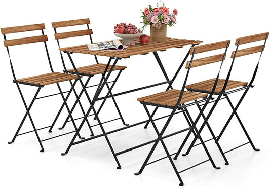 Giantex 5-Piece Outdoor Dining Table Set for 4, Acacia Wood Bistro Table with 4 Folding Patio Chairs, Slatted Seat & Tabletop, Metal Frame, for Yard Porch Garden Poolside (Black + Brown)
