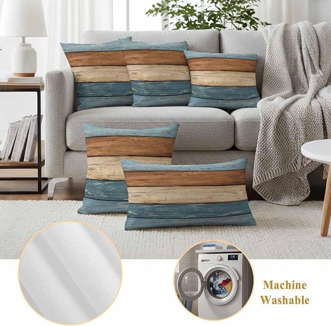 Farmhouse Blue Brown Outdoor Waterproof Pillow Covers, Vintage Wooden Striped Decorative Square Throw Pillowcase Sofa Cushion Sham for Patio/Couch/Chair, 24"x24" 2 Pack