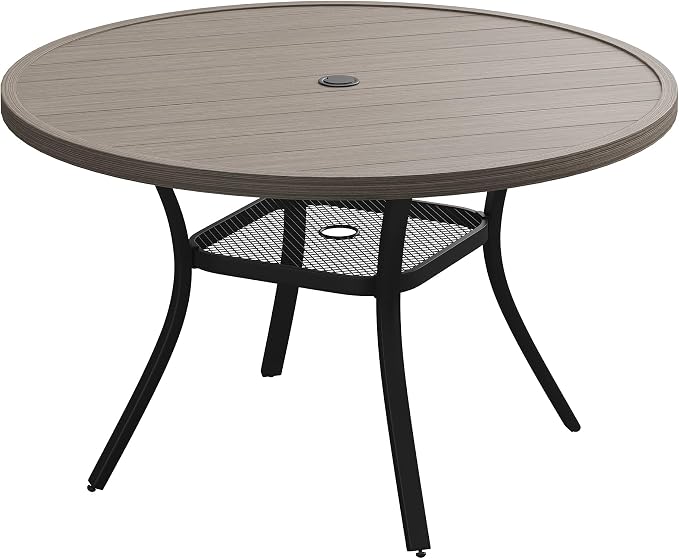 Patio Dining Table for 4-6, Round Metal Outdoor Table with 1.57" Umbrella Hole, 47" Outdoor Slat Tabletop Dining Table for Backyard, Porch, Lawn, Grey