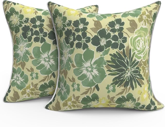Outdoor Throw Pillows Inners, Fade Resistant Patio Furniture Square Pillows with Piping Set of 2 for Patio Furniture, 18x18 Inch, Green Rose