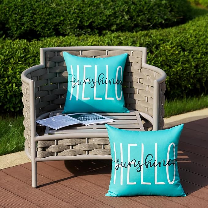 DFXSZ Blue Green Outdoor Waterproof Pillow Covers 20x20 Set of 2 | Hello Sunshine Decor Spring Summer Polyester Pillow Covers(NO INSERTS)| Decor for Patio Funiture Garden Sofa Couch