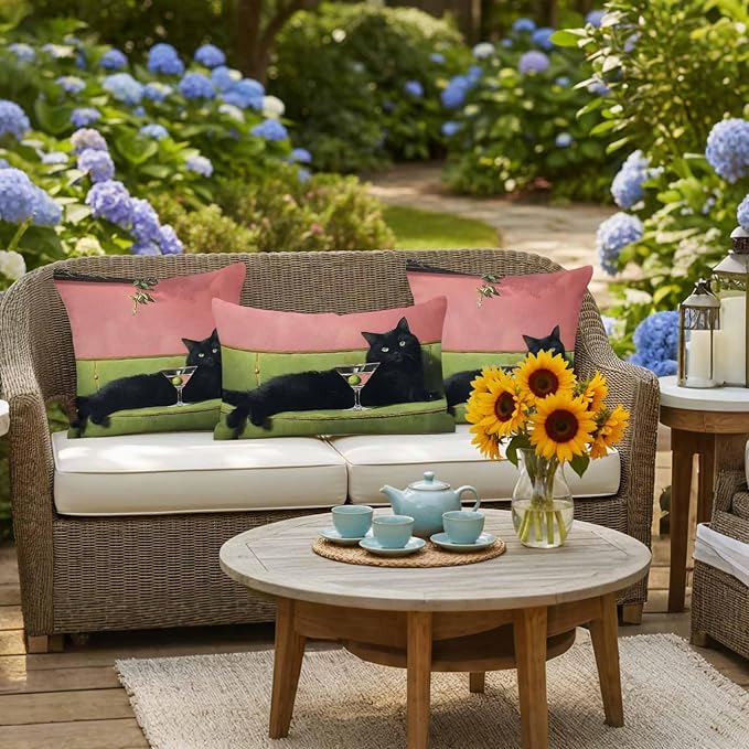 Funny Cat Outdoor Pillow Covers 20x12 Inch Lumbar Pillow Covers Set of 2 Waterproof Decorative Throw Pillow Cases Vintage Wine Animals Green Pink Cushion Covers for Patio Furniture Garden Couch