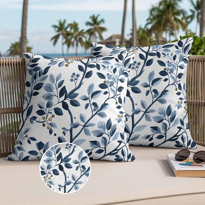Throw Pillow Covers 26x26 Inch Set of 2, Navy Blue Botanical Waterproof Outdoor Pillow Covers, Summer Spring Leaves Decorative Cushion Pillowcases for Couch, Sofa, Bed, Garden, Patio