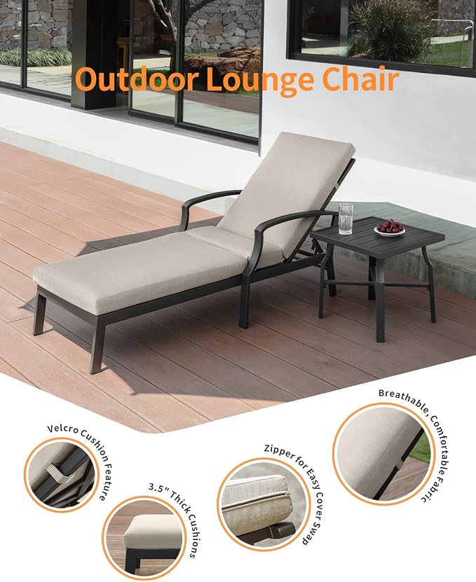 2 Pieces Lounge Chair Set, Outdoor Chaise Lounge Set, Never-Rust Aluminum Pool Lounge Set with Gray Cushion, 6-Position Adjustable Patio Chaise with Outdoor Side Table for Poolside, Gunmetal