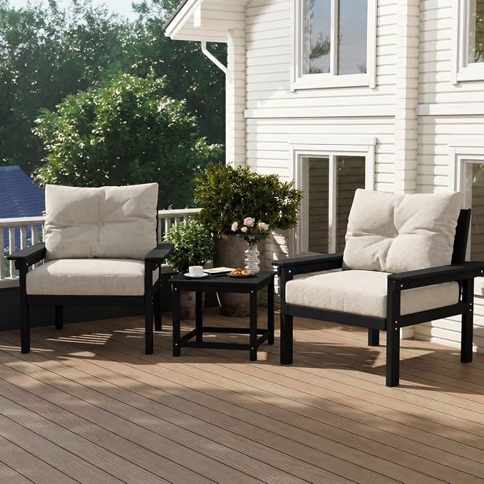 3 Piece HDPE Outdoor Patio Furniture Set, All-Weather 2 Armchairs with Side Table, Patio Conversation Set with Beige Washable Thick Cushion for Balcony,Porch (Black Frame)