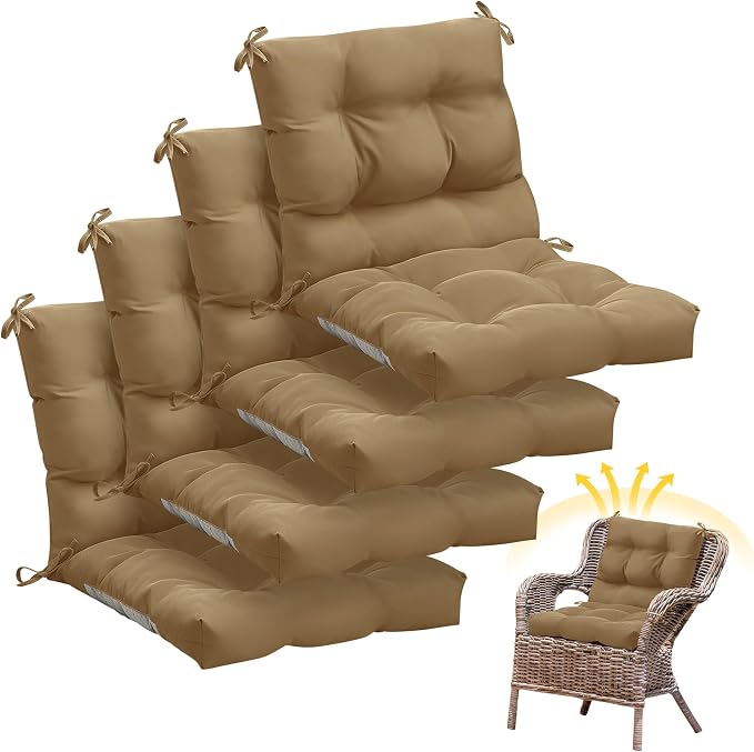 Marsui 4 Pcs Outdoor Indoor High Back Chair Cushions Patio Furniture Tufted Pillow with Ties Water-Resistant Replacement Outdoor Rocking Chair Cushions, 42 x 21 Inches (Dark Brown,Solid Color)