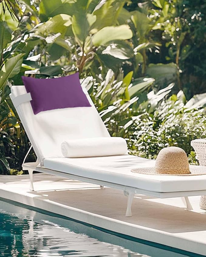 Chaise Lounge Chair Pillow with Strap & Insert Purple Outdoor Recliner Head Pillow Pack of 2 Solid Purple Color Waterproof Headrest Patio Lumbar Pillow for Beach Pool Office Chair 12x20 Inch