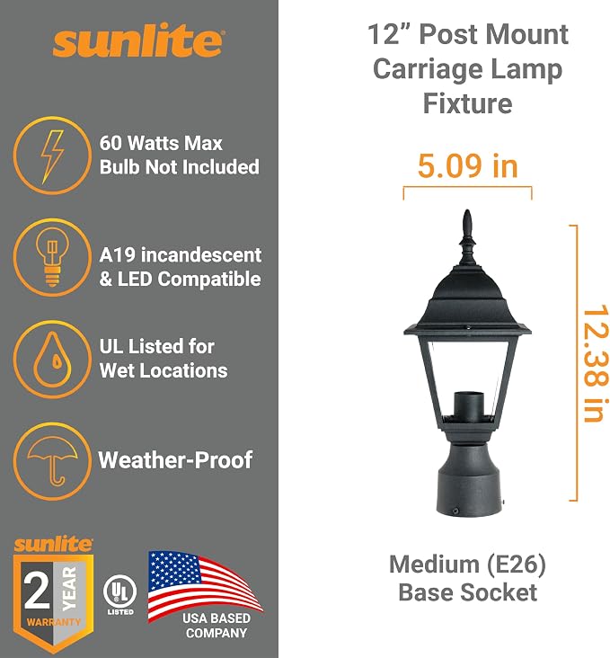 Sunlite 41322 Post Mount Carriage Lamp Fixture, 60 Watts Max, Single Medium Base Socket (E26), 120 Volts, Outdoor, UL Listed, for Residential & Commercial Use