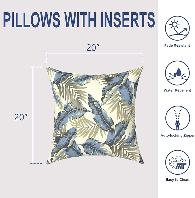 Outdoor 20x20 Inch Throw Pillows with Inners, Square Pillows Decorative Set of 2 for Home Garden Furniture, ‌Lush Palm Blue