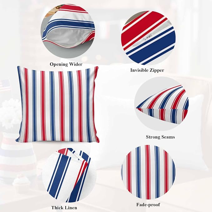 Outdoor Pillow Covers Set of 2, USA Independence Red Blue White Stripe Decor Throw Pillow Covers 18X18IN, President's Flag Day Throw Pillows Protector Cushion Case for Patio,Couch,Sofa,Garden