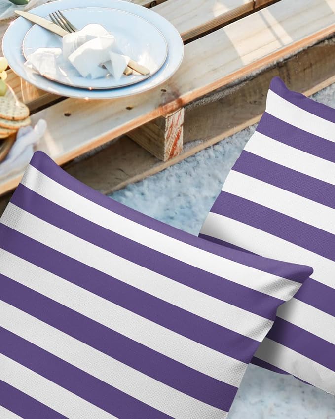 Outdoor Waterproof Pillow Covers for Patio Furniture Purple and White Stripes Decorative Throw Pillow Cover Solid Striped Pillowcases Set of 2 Cushion Case for Sofa Couch Chair 24 x 24 in