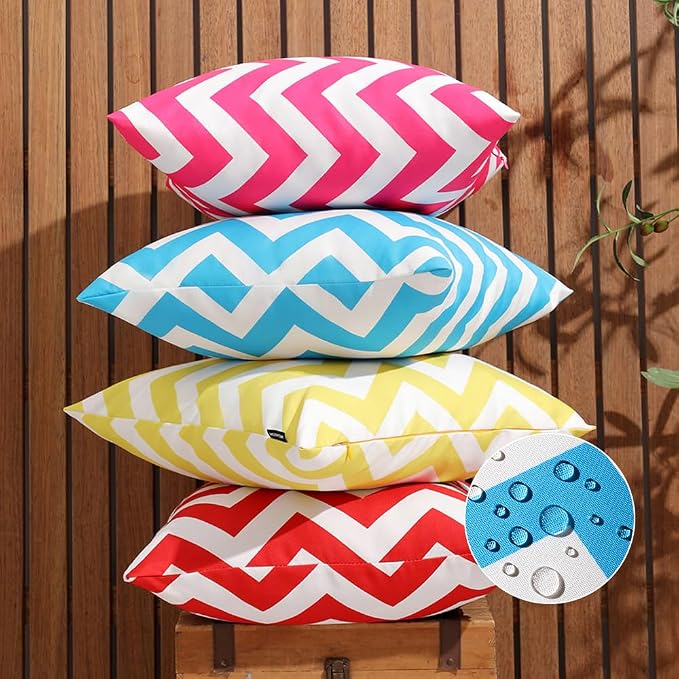 WEMEON Outdoor Waterproof Pillow Covers18x18in Set of 4, Solid Color Pillows Decorative Square Patio Furniture Pillows for Couch Patio Balcony Tent Garden(Red/Teal/Blue)