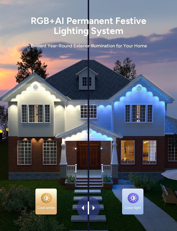 Permanent Outdoor Lights, 100ft with 60 LEDs Smart RGB, 68+ Scene Modes IP66 Waterproof, Alexa/Google Assistant Compatible Holiday Lighting for Christmas Halloween Patio Decor
