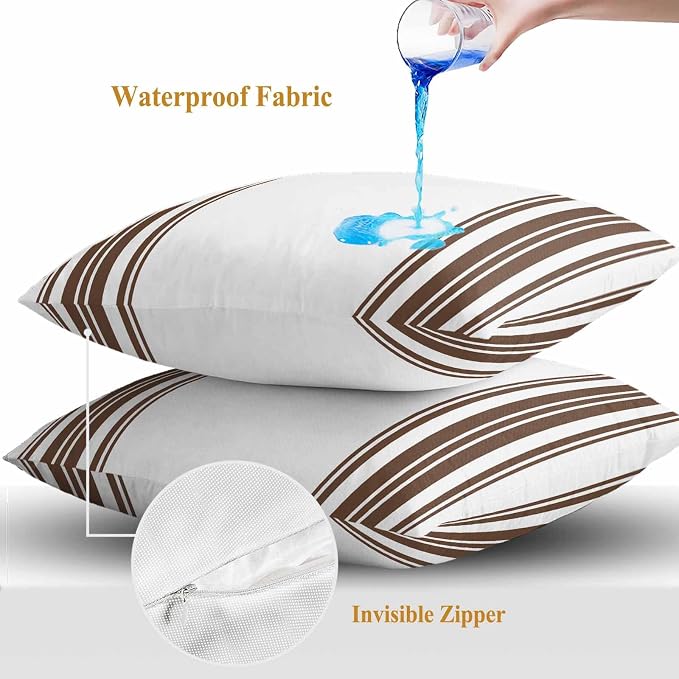 Outdoor Waterproof Throw Pillow Covers Set of 2 Brown Stripes Pillowcases 16x16 Inches White Vertical Striped Decorative Pillows Cushion Case Patio Pillows for Couch Bed Chair Garden