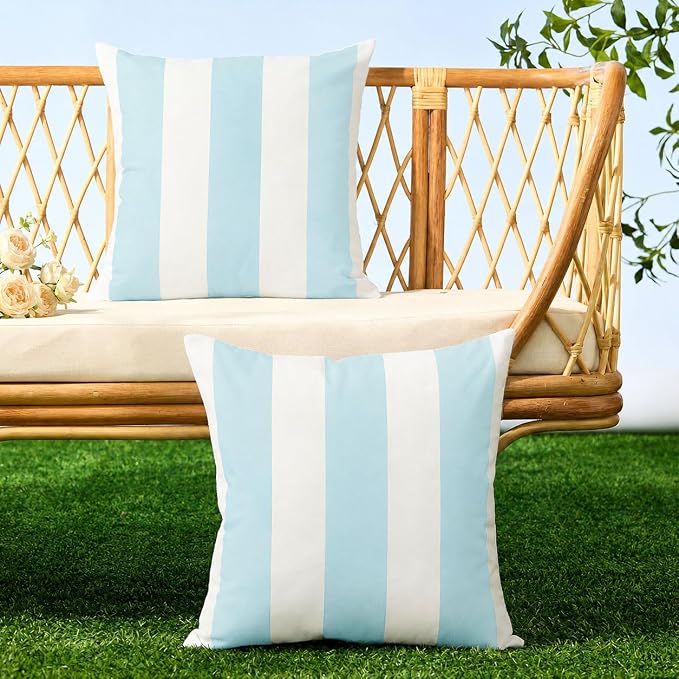 Allorry Outdoor Pillow Covers 18x18 Light Blue Striped Outdoor Decor 007O18 | Striped Pillow Covers|for Spring Summer Outdoor Waterproof Garden Patio Furniture Sofa Bed Home Decor