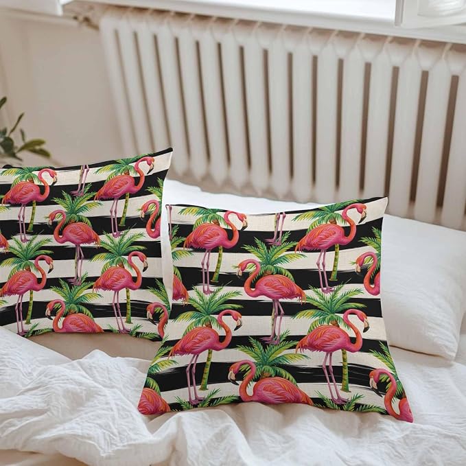 Vandarllin Outdoor Throw Pillows Covers 26x26 inch Set of 2 Waterproof Flamingo Decorative Zippered Cushion Covers for Patio Furniture, Tropical Palm Leaves Black Stripe Linen Lumbar Pillowcases