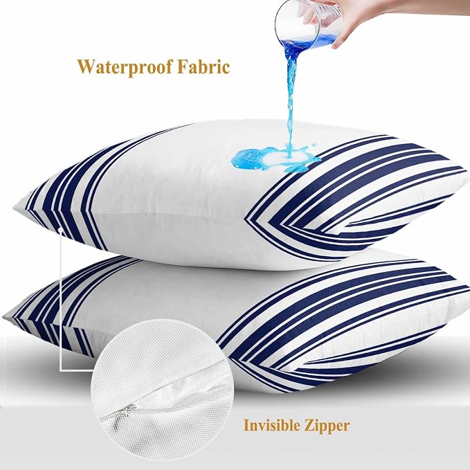 Outdoor Waterproof Throw Pillow Covers Set of 2 Navy Blue Stripes Pillowcases 24x24 Inches White Vertical Striped Decorative Pillows Cushion Case Patio Pillows for Couch Bed Chair Garden