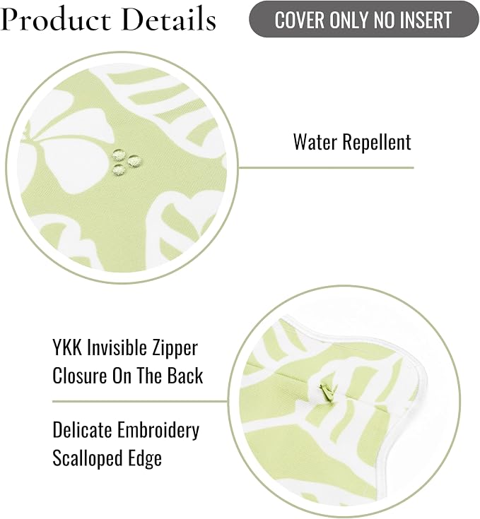 Hofdeco Premium Coastal Hampton Patio Indoor Outdoor Lumbar Pillow Cover Only, 12"x20" Water Repellent for Backyard, Couch, Poolside, Grass Green Print Palm Leaves and Hisbucs Flowers
