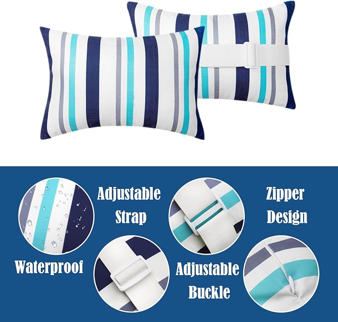 Chaise Lounge Head Pillow Oudoor Patio Pillow with Elastic Strap | 2 Pack Water Resistant Headrest Pillows for Recliner, Beach Chair, Office Chair, Flower