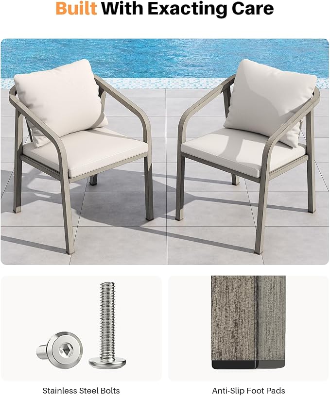 Outdoor Dining Chairs Set of 4, Never-Rust Aluminum Patio Dining Chairs with Removable Cushion, Ergonomic Patio Chairs with Wraparound Seating Design for Deck, Poolside, Commercial, Gray Oak